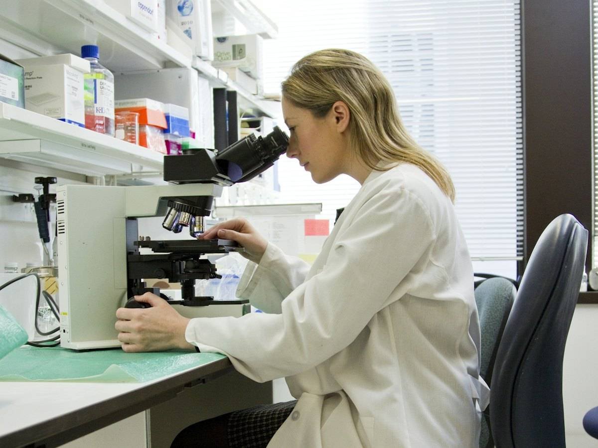A scientist examining a sample under a microscope