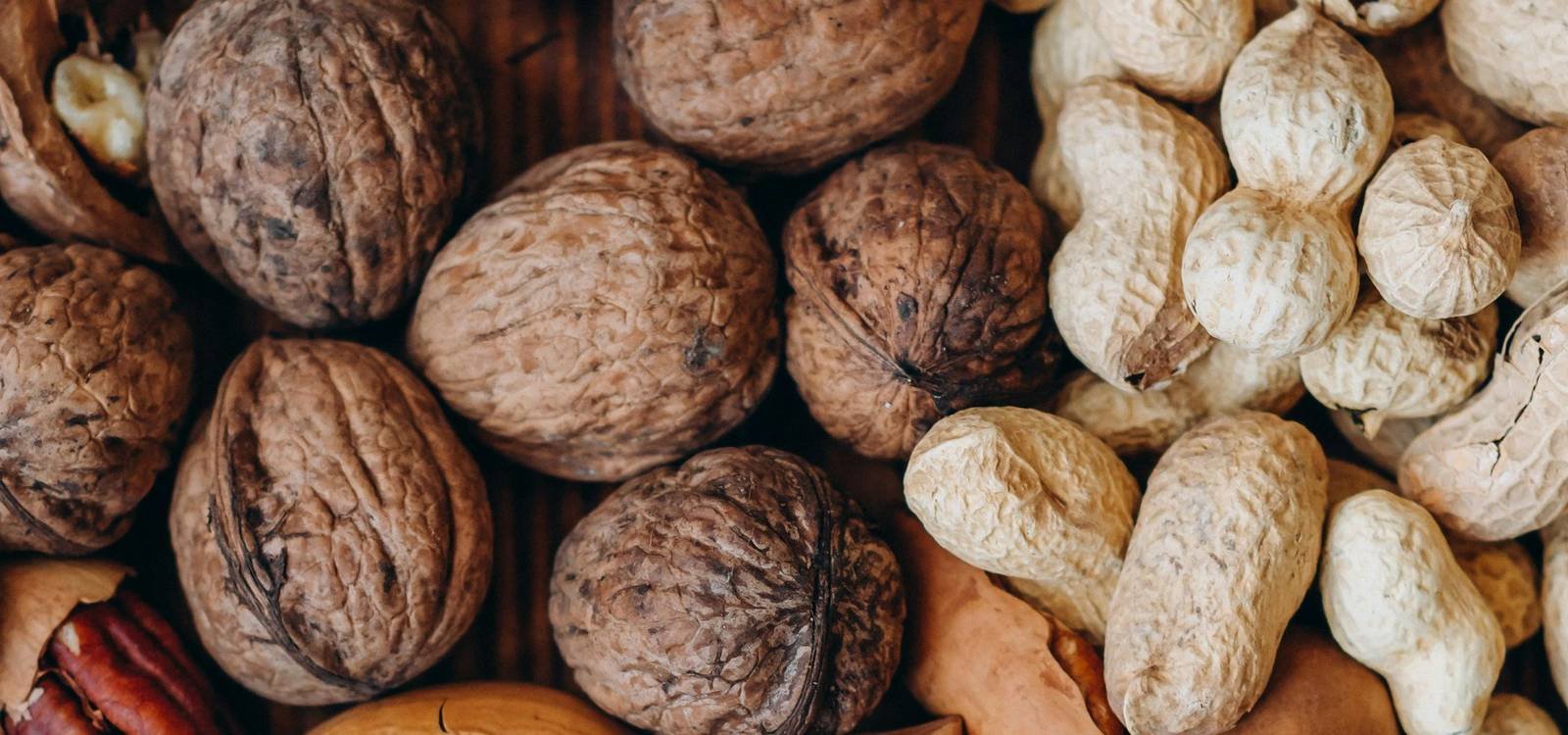 Walnuts, pecans and peanuts in their shells