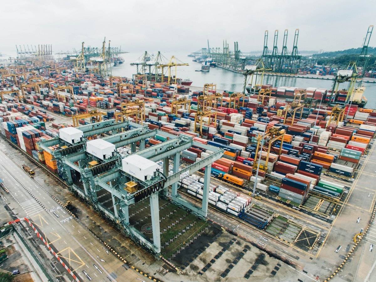 An aerial view of a busy container port